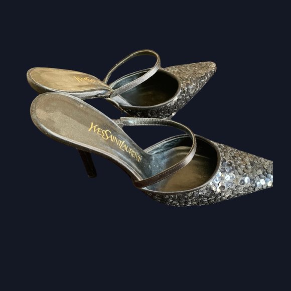 Yves Saint Laurent YSL Vintage Black Sequin Slide Pumps - Picture 3 of 7